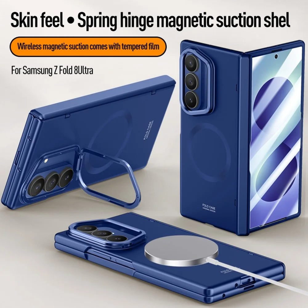 For Samsung Galaxy Z Fold8 Ultra Magnetic Case Hard PC Phone Cover with HD Tempered Glass Film, Lens Kickstand - Blue - 5