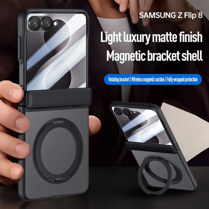 For Samsung Galaxy Z Flip8 Case Magnetic Kickstand PC + TPU Matte Phone Cover with Tempered Glass Screen Protector - Black - 3