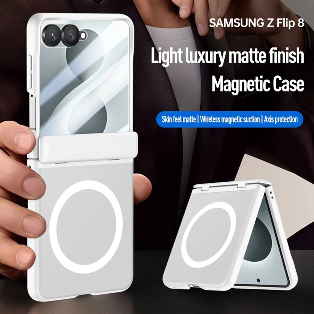 For Samsung Galaxy Z Flip8 Magnetic Case PC + TPU Matte Phone Cover with Tempered Glass Screen Protector - White - 7