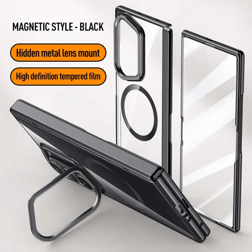 For Samsung Galaxy Z Fold8 Ultra Magnetic Case PC + Acrylic Phone Cover with HD Tempered Glass Film, Lens Kickstand - Black - 6