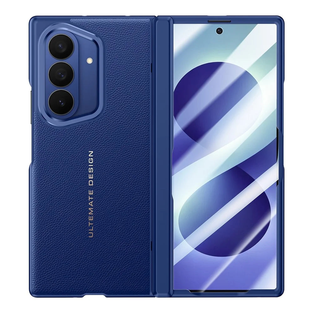 For Samsung Galaxy Z Fold8 Ultra Case Leather + PC Phone Cover with HD Tempered Glass Film, Lens Kickstand - Blue - 1