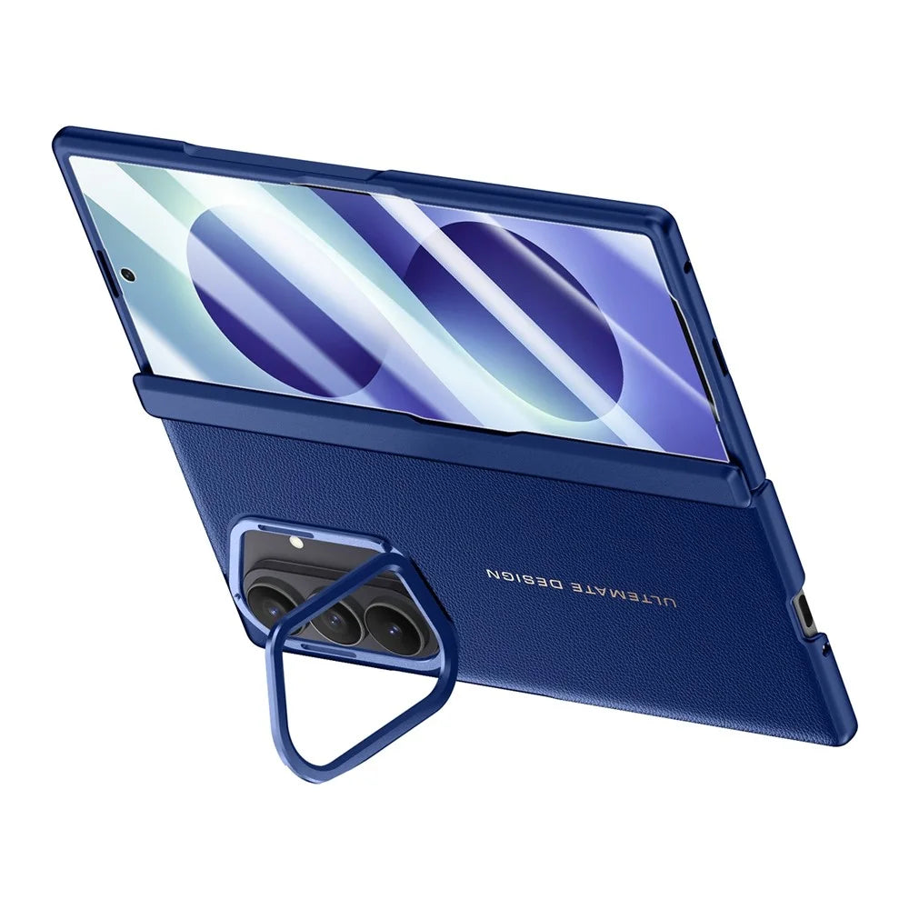 For Samsung Galaxy Z Fold8 Ultra Case Leather + PC Phone Cover with HD Tempered Glass Film, Lens Kickstand - Blue - 3