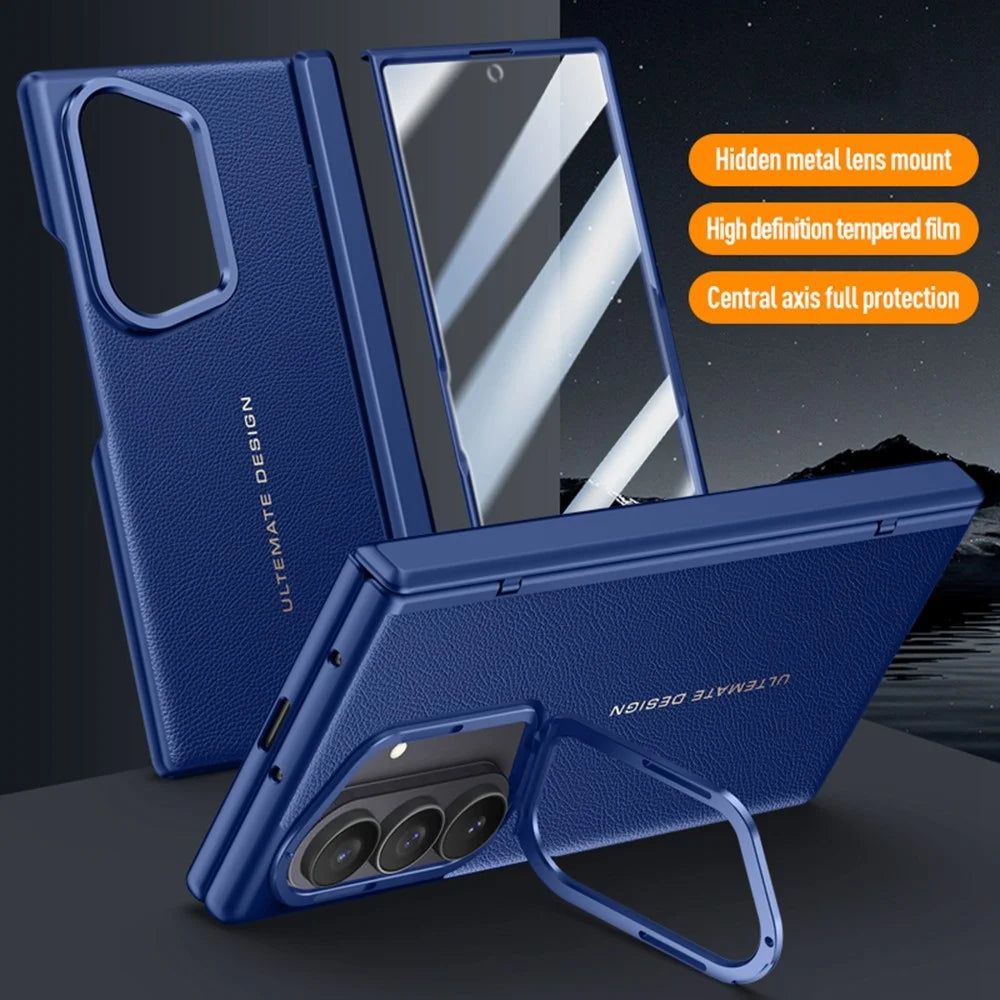 For Samsung Galaxy Z Fold8 Ultra Case Leather + PC Phone Cover with HD Tempered Glass Film, Lens Kickstand - Blue - 6
