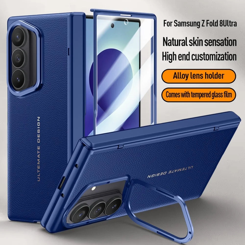 For Samsung Galaxy Z Fold8 Ultra Case Leather + PC Phone Cover with HD Tempered Glass Film, Lens Kickstand - Blue - 7