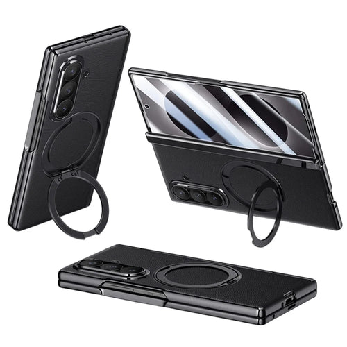 For Samsung Galaxy Z Fold8 Ultra Magnetic Case with Tempered Glass 360° Rotatable Metal Ring Kickstand PU Leather + PC + Acrylic Cover - Black - 1