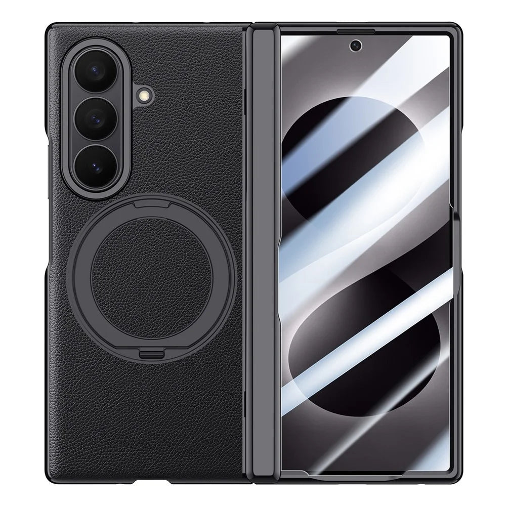 For Samsung Galaxy Z Fold8 Ultra Magnetic Case with Tempered Glass 360° Rotatable Metal Ring Kickstand PU Leather + PC + Acrylic Cover - Black - 2