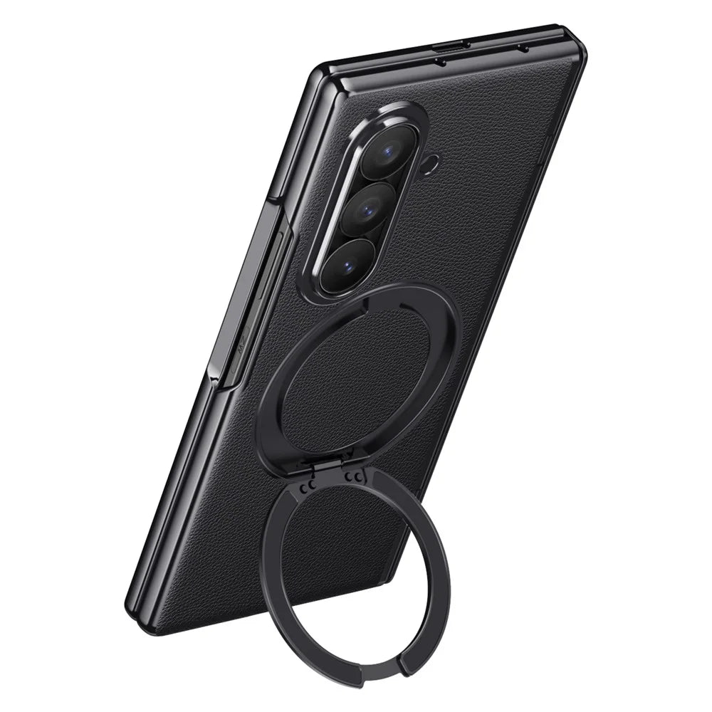 For Samsung Galaxy Z Fold8 Ultra Magnetic Case with Tempered Glass 360° Rotatable Metal Ring Kickstand PU Leather + PC + Acrylic Cover - Black - 3