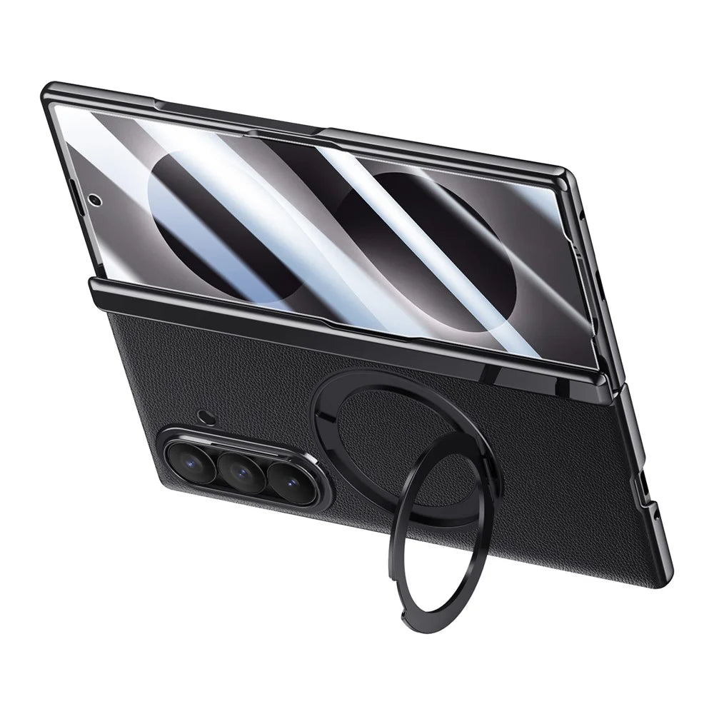 For Samsung Galaxy Z Fold8 Ultra Magnetic Case with Tempered Glass 360° Rotatable Metal Ring Kickstand PU Leather + PC + Acrylic Cover - Black - 4