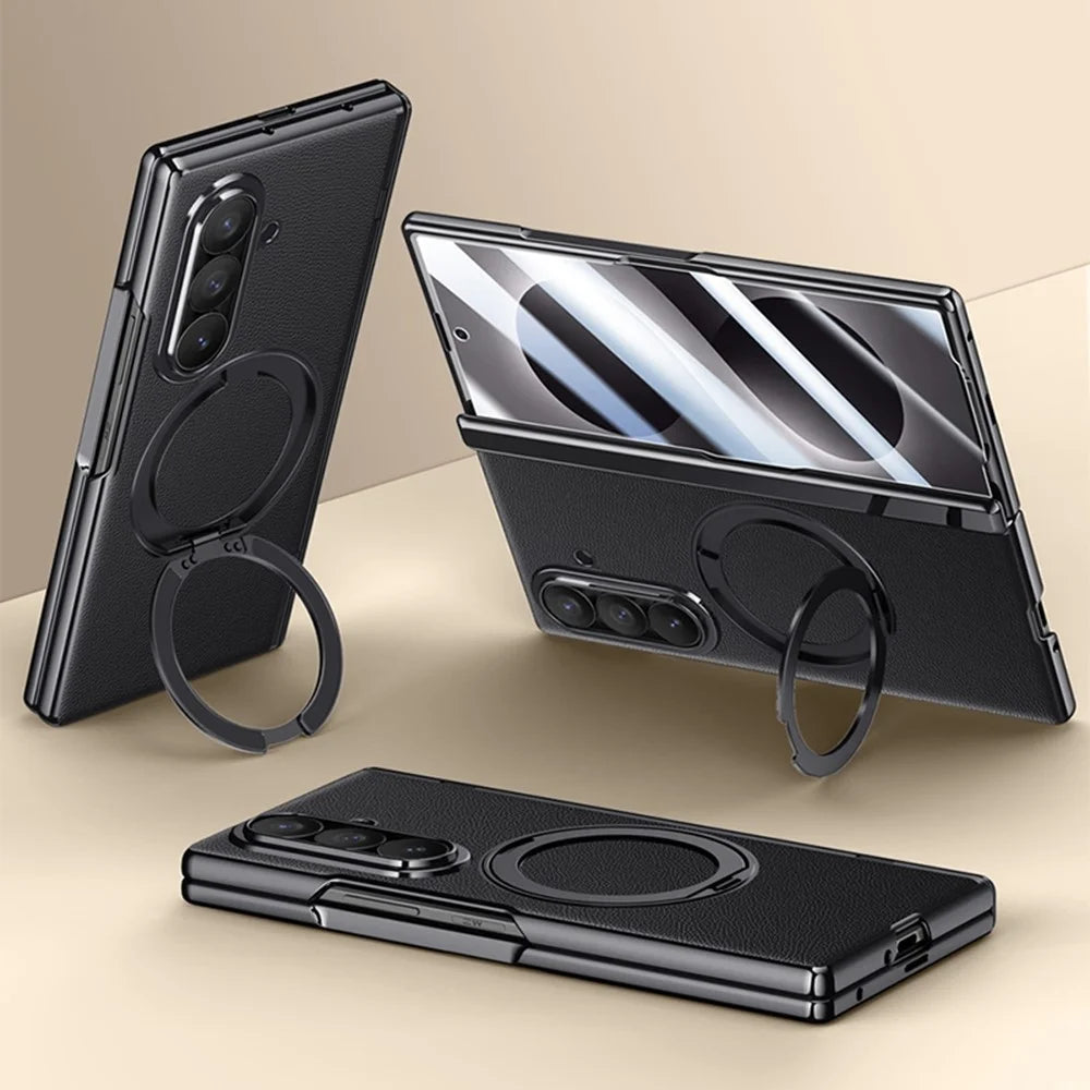 For Samsung Galaxy Z Fold8 Ultra Magnetic Case with Tempered Glass 360° Rotatable Metal Ring Kickstand PU Leather + PC + Acrylic Cover - Black - 5