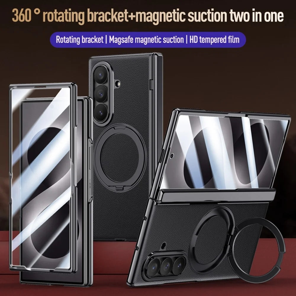 For Samsung Galaxy Z Fold8 Ultra Magnetic Case with Tempered Glass 360° Rotatable Metal Ring Kickstand PU Leather + PC + Acrylic Cover - Black - 6