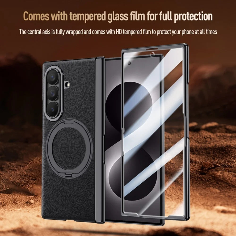 For Samsung Galaxy Z Fold8 Ultra Magnetic Case with Tempered Glass 360° Rotatable Metal Ring Kickstand PU Leather + PC + Acrylic Cover - Black - 7