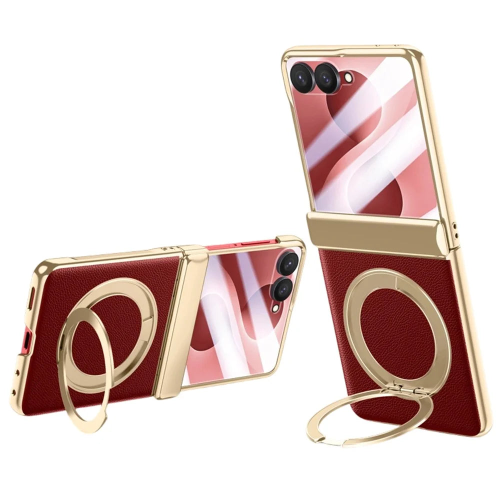 For Samsung Galaxy Z Flip8 Magnetic Case with Tempered Glass 360° Rotatable Metal Ring Kickstand PU Leather + PC + Acrylic Cover - Red - 1