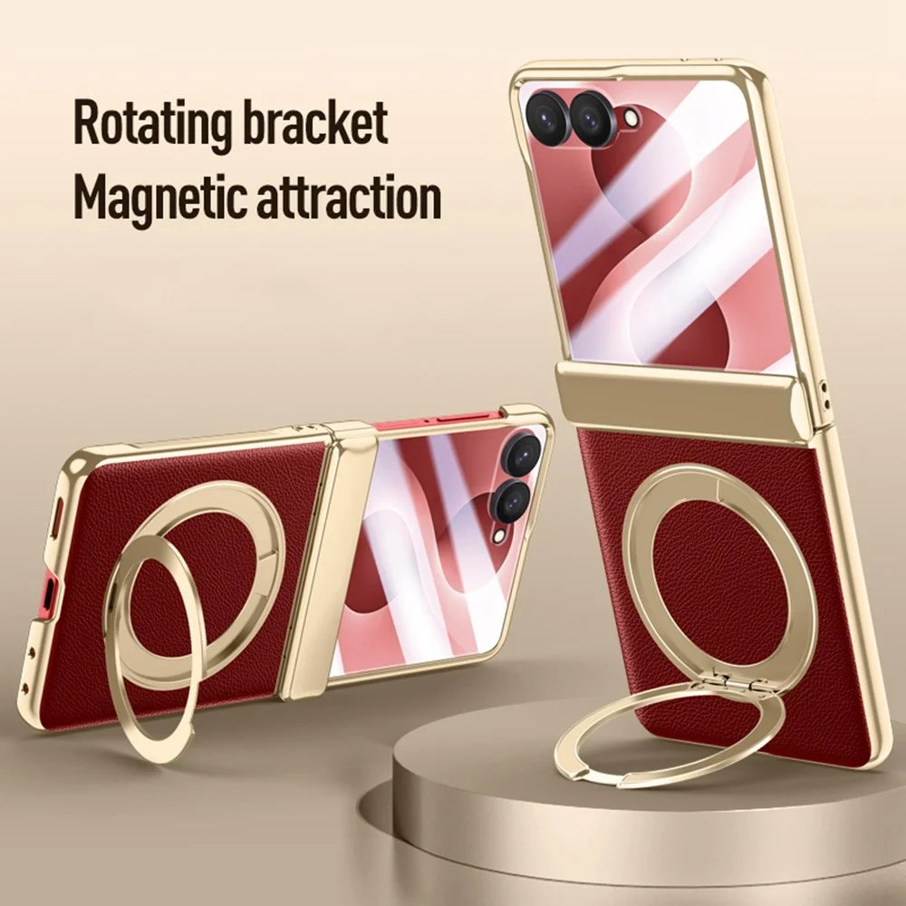 For Samsung Galaxy Z Flip8 Magnetic Case with Tempered Glass 360° Rotatable Metal Ring Kickstand PU Leather + PC + Acrylic Cover - Red - 2
