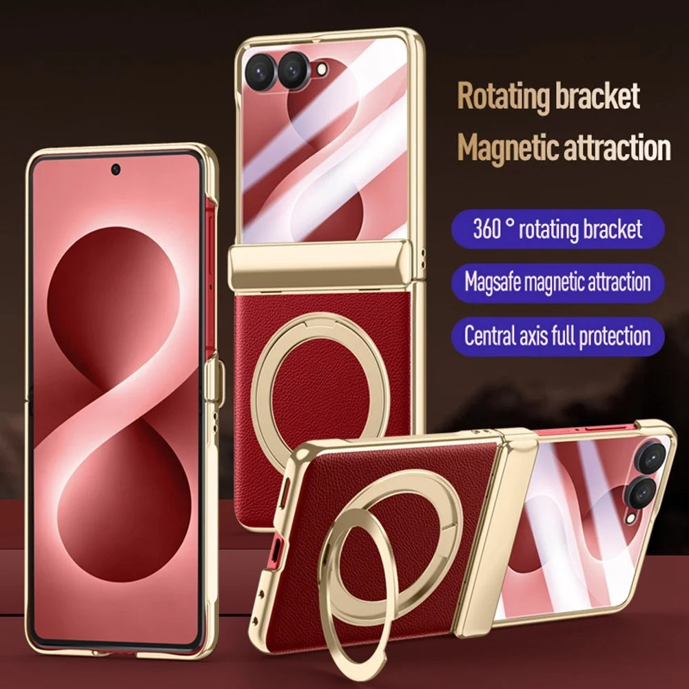 For Samsung Galaxy Z Flip8 Magnetic Case with Tempered Glass 360° Rotatable Metal Ring Kickstand PU Leather + PC + Acrylic Cover - Red - 3