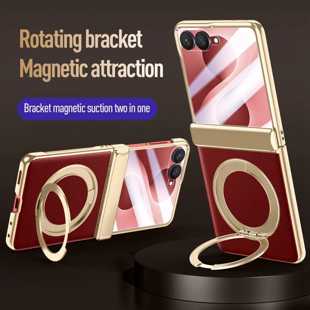 For Samsung Galaxy Z Flip8 Magnetic Case with Tempered Glass 360° Rotatable Metal Ring Kickstand PU Leather + PC + Acrylic Cover - Red - 4