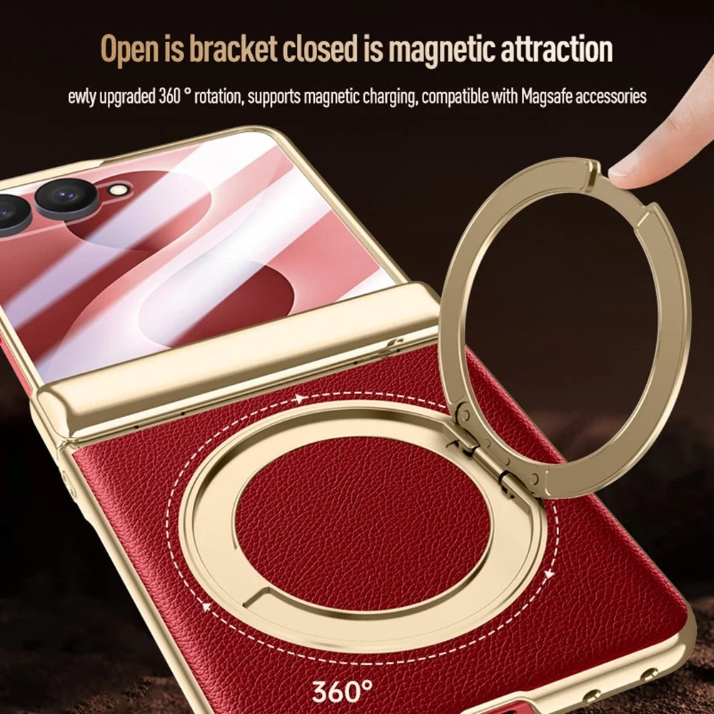 For Samsung Galaxy Z Flip8 Magnetic Case with Tempered Glass 360° Rotatable Metal Ring Kickstand PU Leather + PC + Acrylic Cover - Red - 5