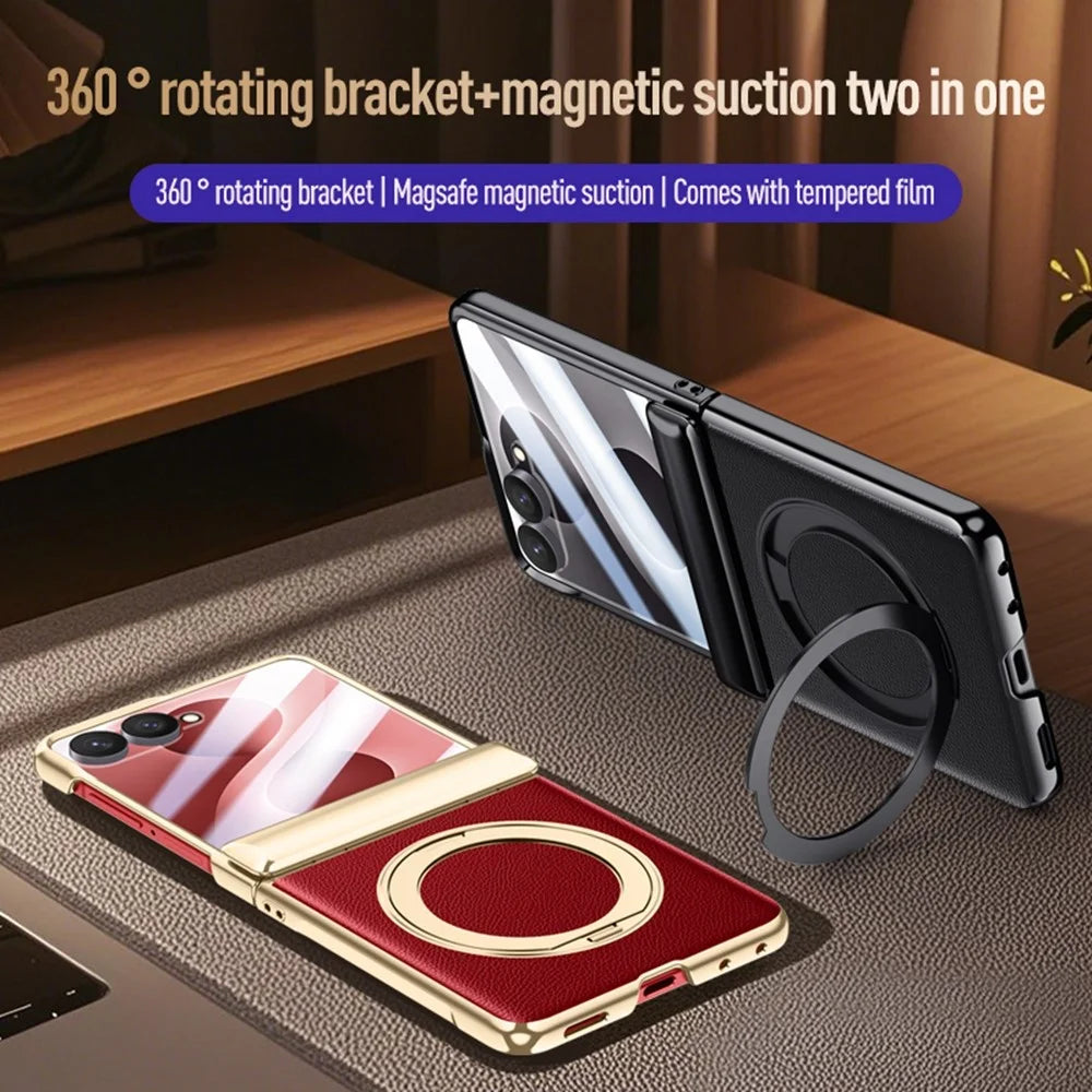For Samsung Galaxy Z Flip8 Magnetic Case with Tempered Glass 360° Rotatable Metal Ring Kickstand PU Leather + PC + Acrylic Cover - Red - 6