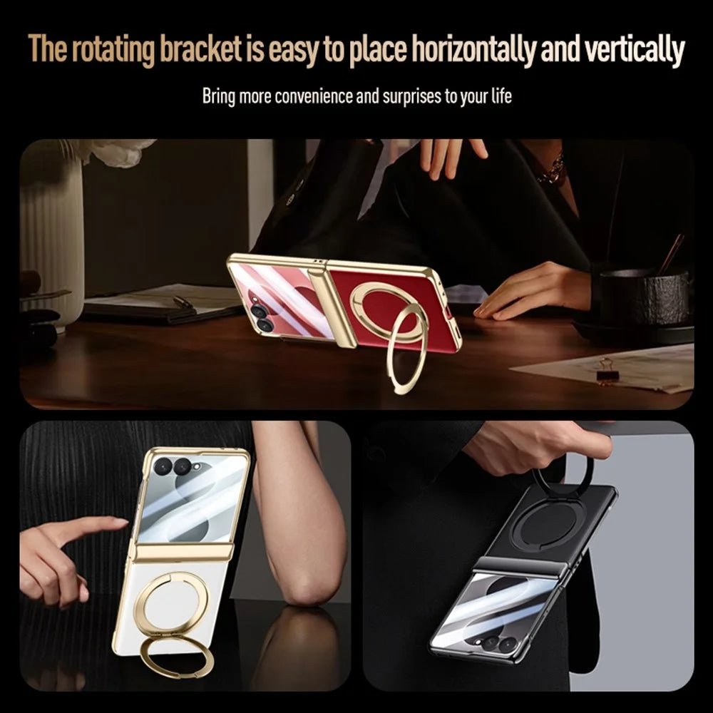For Samsung Galaxy Z Flip8 Magnetic Case with Tempered Glass 360° Rotatable Metal Ring Kickstand PU Leather + PC + Acrylic Cover - Red - 7