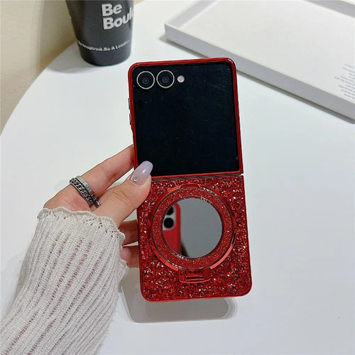 For Samsung Galaxy Z Flip8 Case Kickstand TPU+PC Phone Cover with Mirror - Red - 1