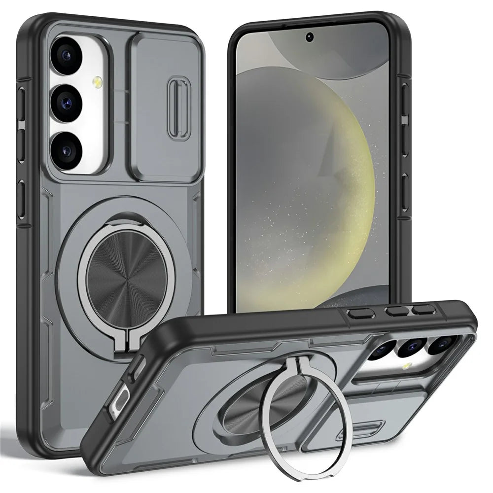 For Samsung Galaxy S24  /  S25 Magnetic Case Slide Camera Cover Rotary Kickstand PC + TPU Phone Shell - Grey - 1