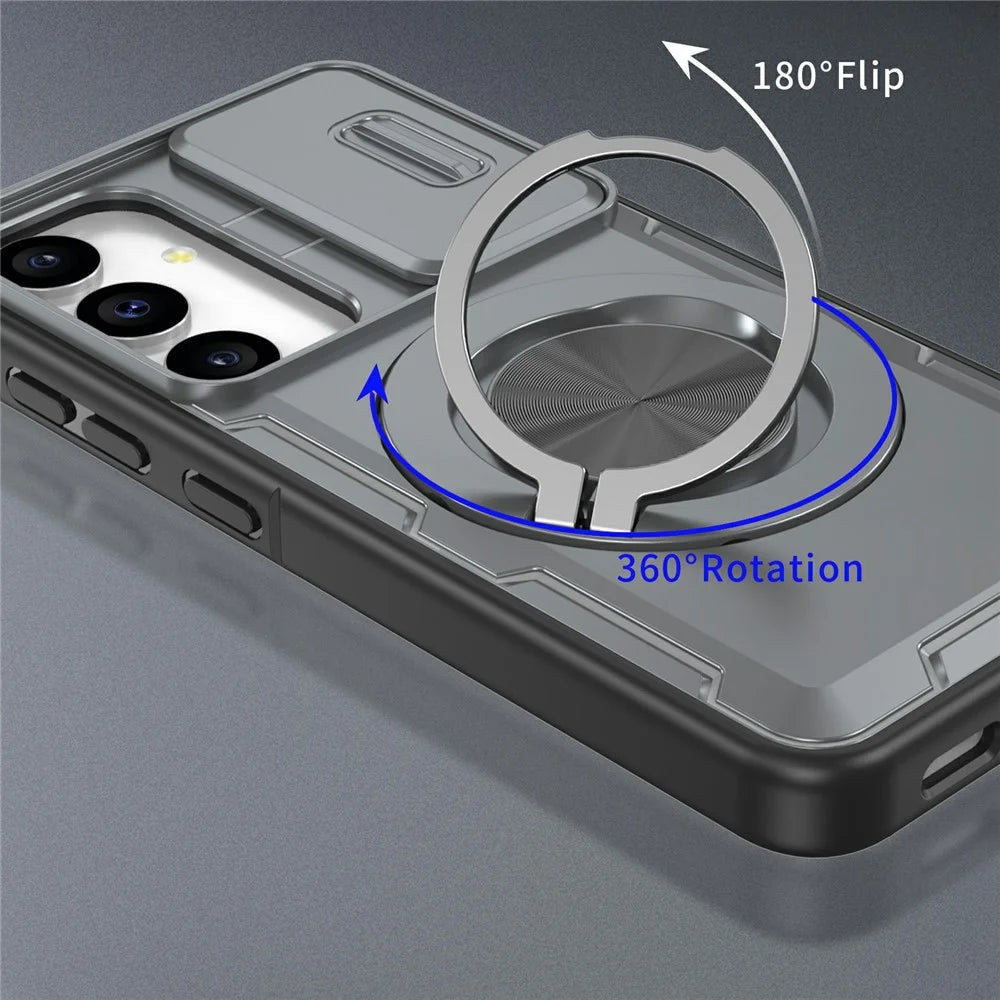 For Samsung Galaxy S24  /  S25 Magnetic Case Slide Camera Cover Rotary Kickstand PC + TPU Phone Shell - Grey - 2