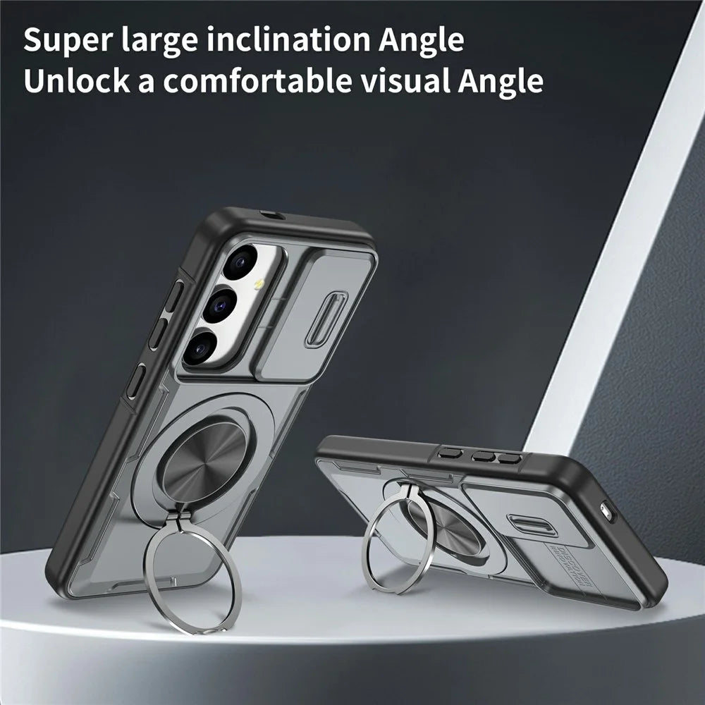 For Samsung Galaxy S24  /  S25 Magnetic Case Slide Camera Cover Rotary Kickstand PC + TPU Phone Shell - Grey - 3