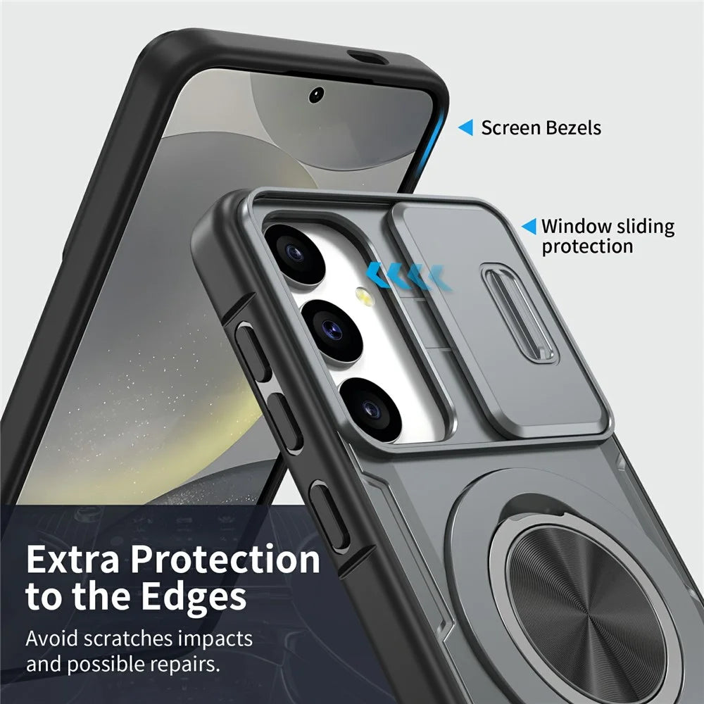 For Samsung Galaxy S24  /  S25 Magnetic Case Slide Camera Cover Rotary Kickstand PC + TPU Phone Shell - Grey - 4