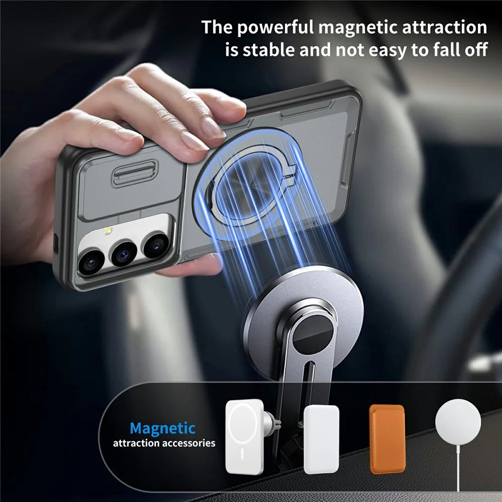 For Samsung Galaxy S24  /  S25 Magnetic Case Slide Camera Cover Rotary Kickstand PC + TPU Phone Shell - Grey - 5