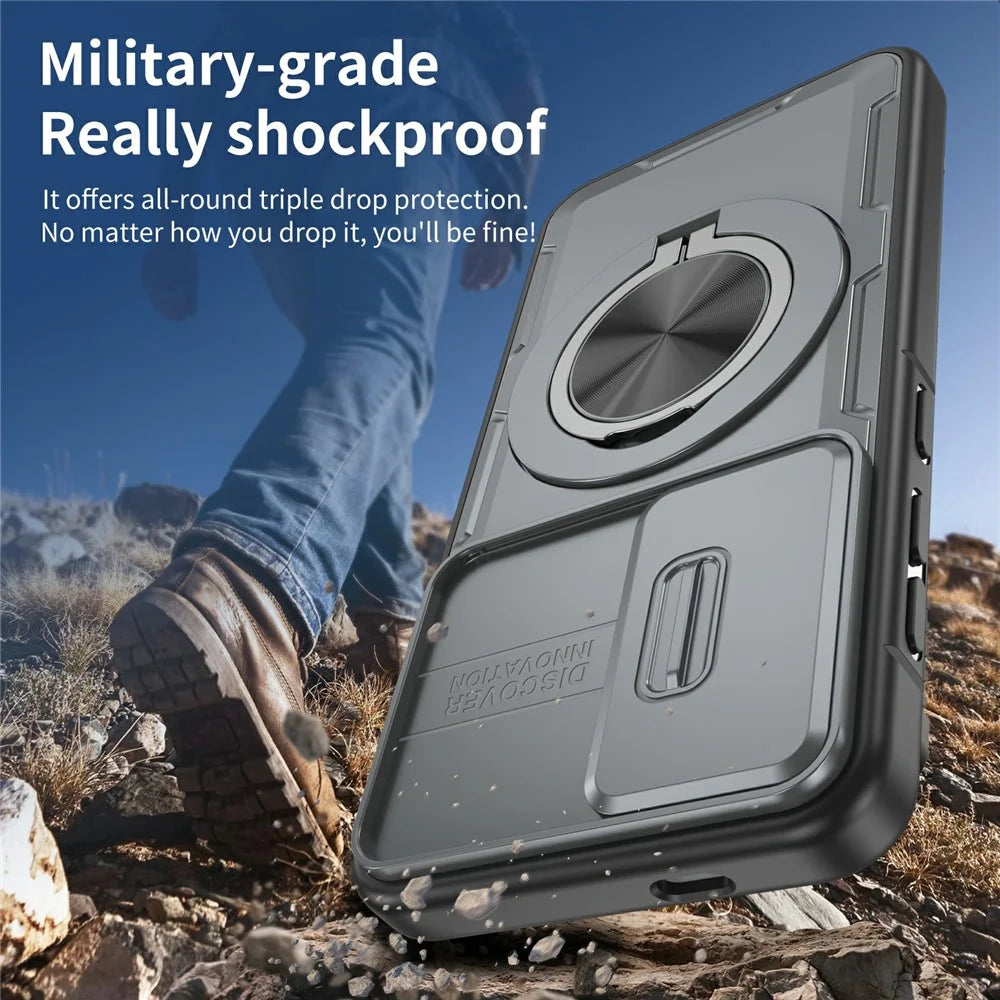For Samsung Galaxy S24  /  S25 Magnetic Case Slide Camera Cover Rotary Kickstand PC + TPU Phone Shell - Grey - 6