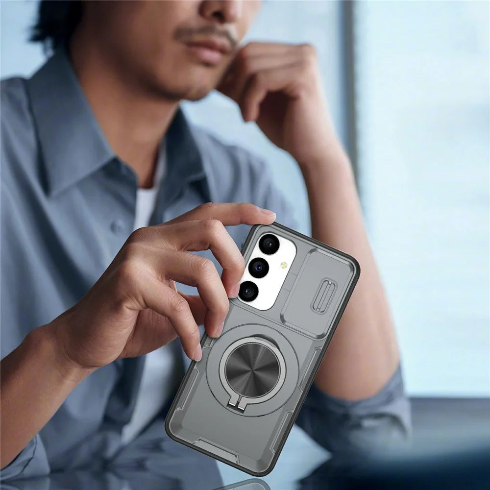 For Samsung Galaxy S24  /  S25 Magnetic Case Slide Camera Cover Rotary Kickstand PC + TPU Phone Shell - Grey - 7