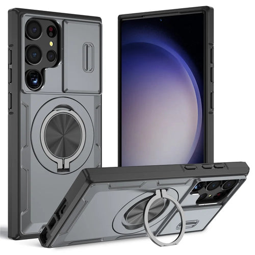 For Samsung Galaxy S23 Ultra Magnetic Case Slide Camera Cover Rotary Kickstand PC + TPU Phone Shell - Grey - 1