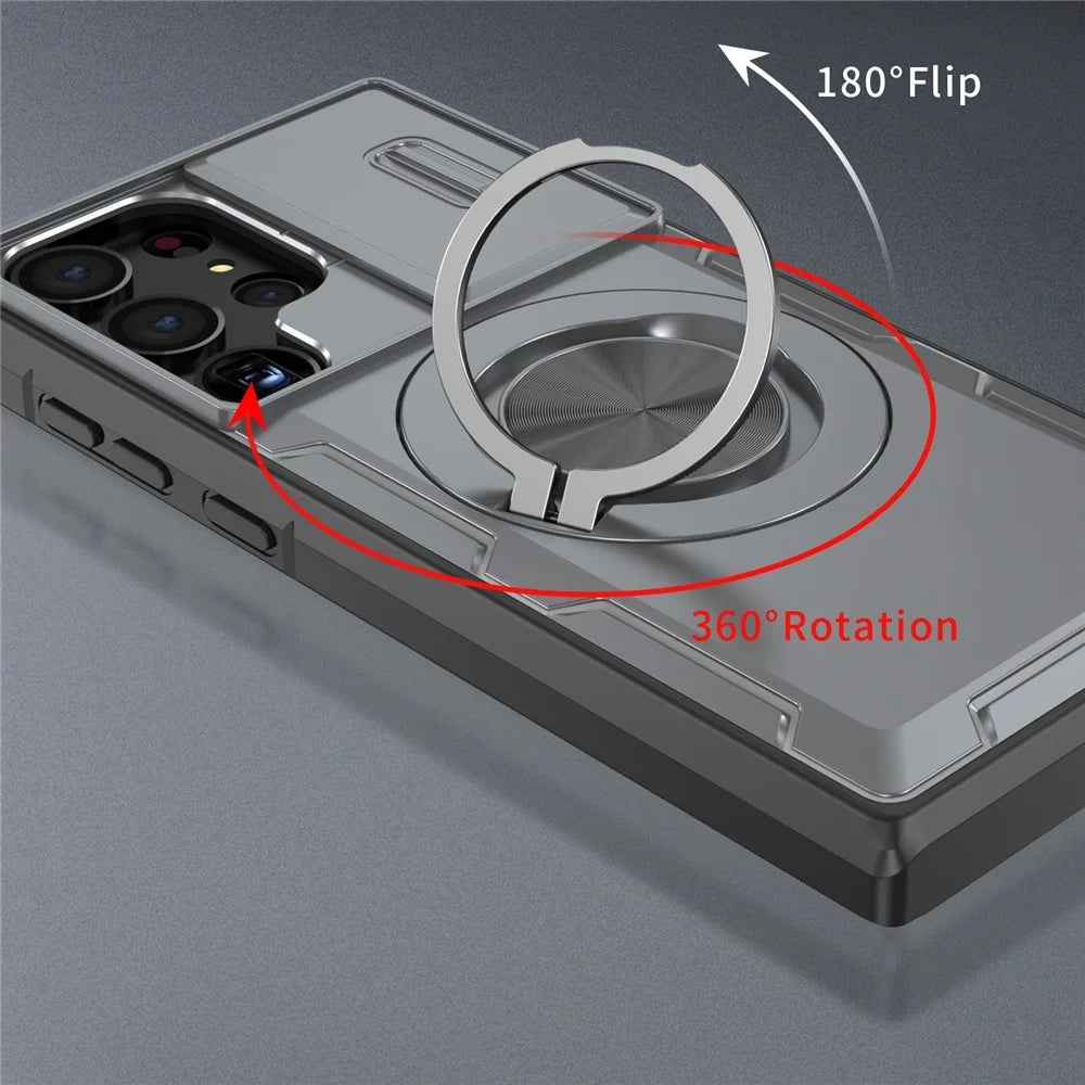 For Samsung Galaxy S23 Ultra Magnetic Case Slide Camera Cover Rotary Kickstand PC + TPU Phone Shell - Grey - 2