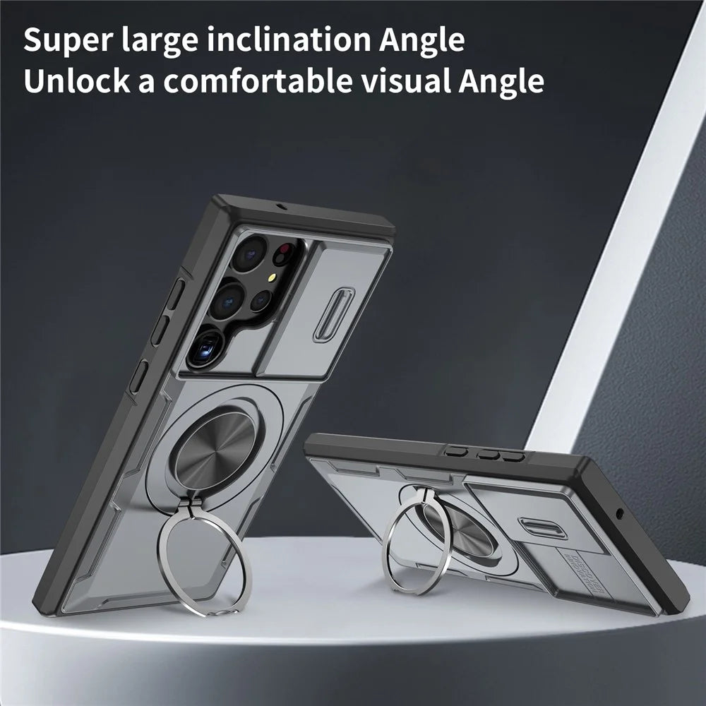 For Samsung Galaxy S23 Ultra Magnetic Case Slide Camera Cover Rotary Kickstand PC + TPU Phone Shell - Grey - 3