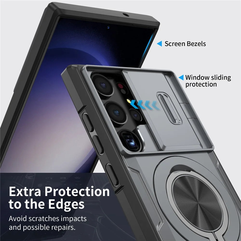 For Samsung Galaxy S23 Ultra Magnetic Case Slide Camera Cover Rotary Kickstand PC + TPU Phone Shell - Grey - 4