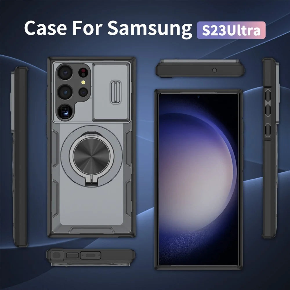 For Samsung Galaxy S23 Ultra Magnetic Case Slide Camera Cover Rotary Kickstand PC + TPU Phone Shell - Grey - 7