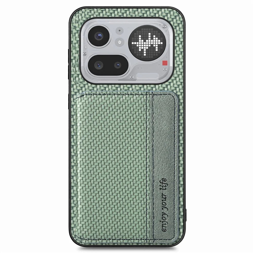 For Nothing Phone (4a) Pro Case RFID Blocking Carbon Fiber Leather Phone Back Cover with Card Holder - Green - 1