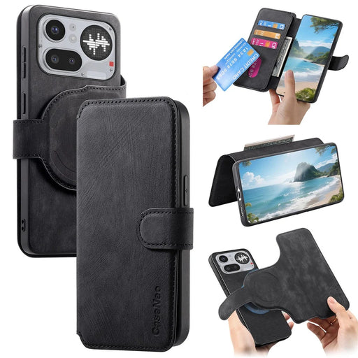 CASENEO MW-03 For Nothing Phone (4a) Pro Magnetic Case Detachable Leather Phone Wallet Cover - Black - 1