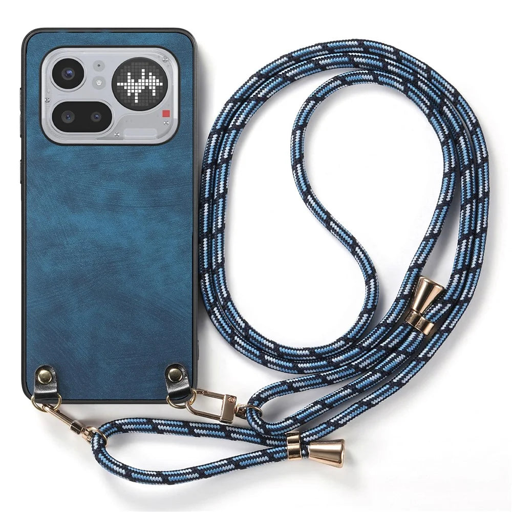 For Nothing Phone (4a) Pro Retro Leather Phone Back Cover with Adjustable Strap - Blue - 1