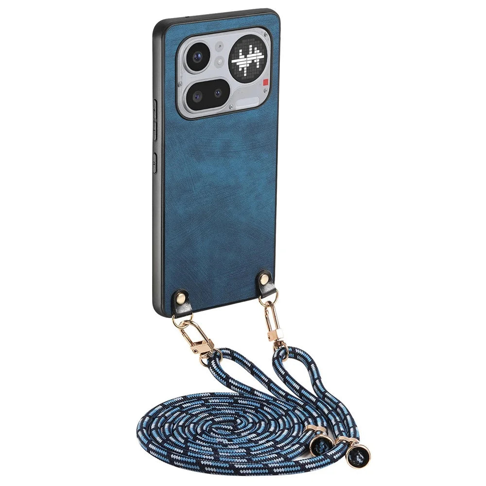 For Nothing Phone (4a) Pro Retro Leather Phone Back Cover with Adjustable Strap - Blue - 2