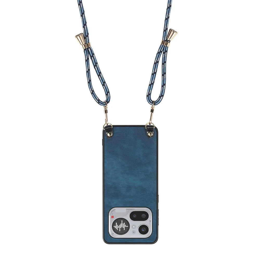 For Nothing Phone (4a) Pro Retro Leather Phone Back Cover with Adjustable Strap - Blue - 3