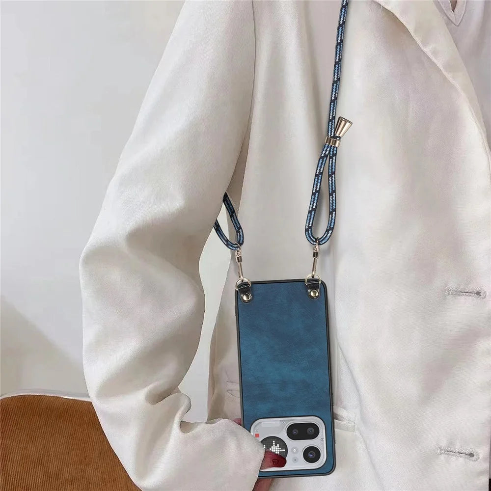 For Nothing Phone (4a) Pro Retro Leather Phone Back Cover with Adjustable Strap - Blue - 4