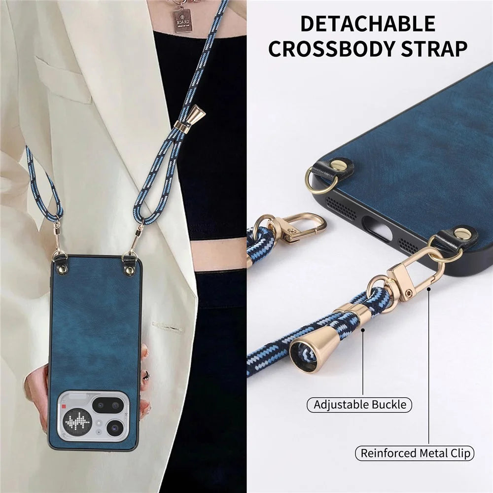For Nothing Phone (4a) Pro Retro Leather Phone Back Cover with Adjustable Strap - Blue - 5