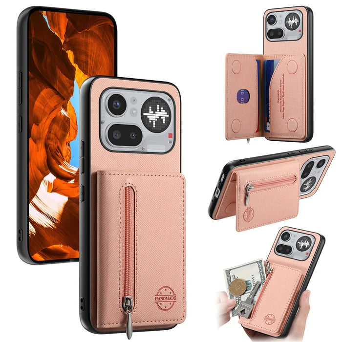For Nothing Phone (4a) Pro Case Zipper Card Holder Kickstand Jeans Cloth Texture Leather Back Cover - Pink - 1