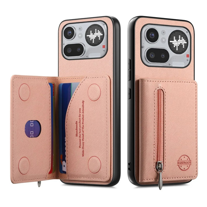 For Nothing Phone (4a) Pro Case Zipper Card Holder Kickstand Jeans Cloth Texture Leather Back Cover - Pink - 2