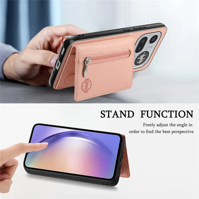 For Nothing Phone (4a) Pro Case Zipper Card Holder Kickstand Jeans Cloth Texture Leather Back Cover - Pink - 7