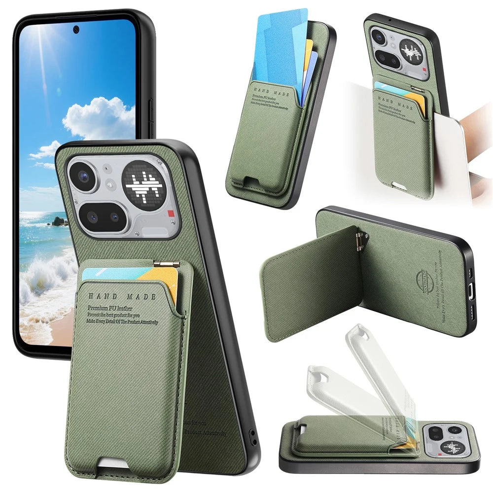 For Nothing Phone (4a) Pro Case Cloth Texture Leather + PC + TPU Phone Cover with Card Holder Kickstand - Green - 1