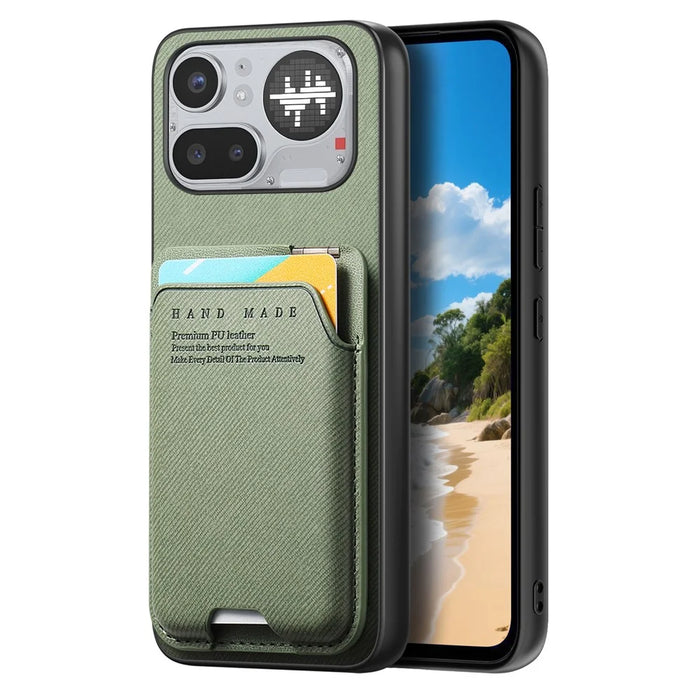For Nothing Phone (4a) Pro Case Cloth Texture Leather + PC + TPU Phone Cover with Card Holder Kickstand - Green - 2