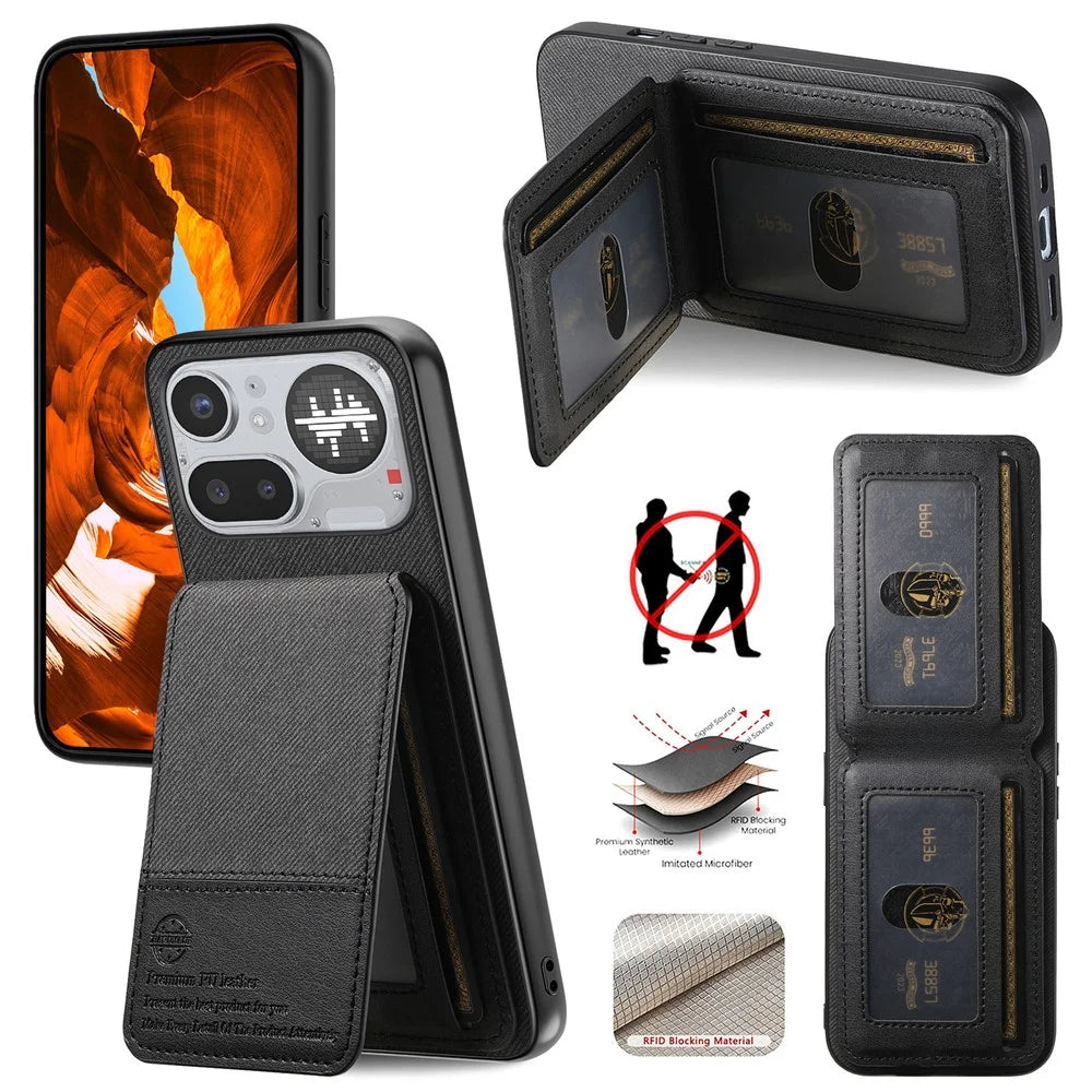 For Nothing Phone (4a) Pro Case Cloth Texture Leather + PC + TPU Phone Cover with RFID Blocking Card Holder - Black - 1