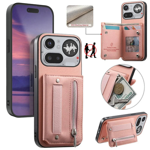 For Nothing Phone (4a) Pro Case RFID Blocking Card Holder Jeans Cloth Texture Leather Back Cover with Elastic Wristband - Pink - 1