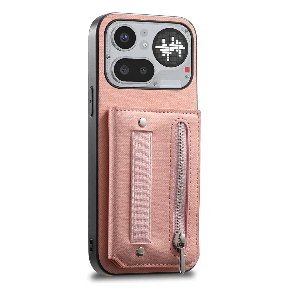 For Nothing Phone (4a) Pro Case RFID Blocking Card Holder Jeans Cloth Texture Leather Back Cover with Elastic Wristband - Pink - 2